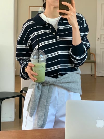polo翻領薄款橫條紋針織衫2