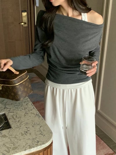 假兩件繞頸背心＋垂墜可斜肩上衣SET8