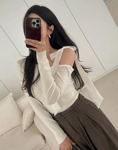 斜肩雪紡綁帶上衣6