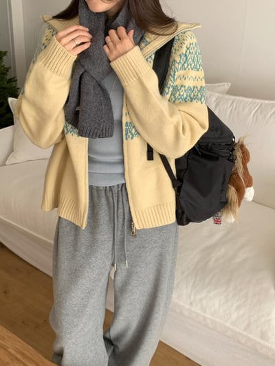 接螺紋翻領圖騰拉鍊針織外套2