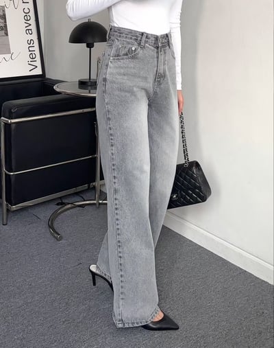 霧灰刷色高腰微寬直筒褲1