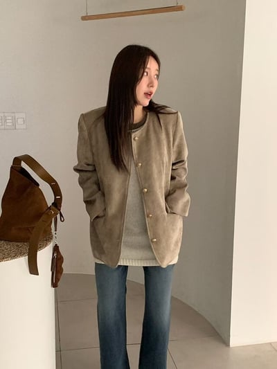 圓領絲絨金釦長版鋪棉外套3