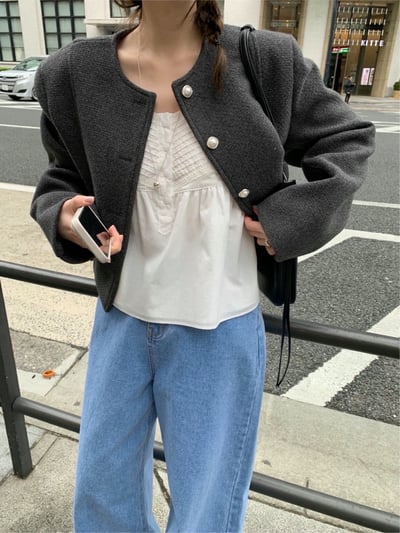 圓領珍珠排釦織紋小香外套9