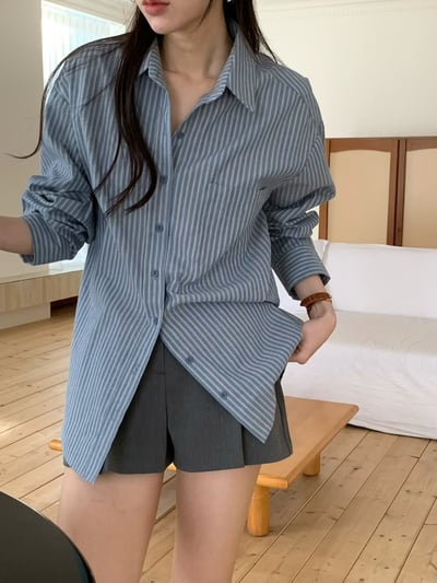 落肩直紋寬鬆襯衫4