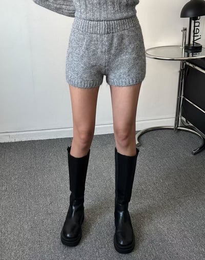 翻領坑紋落肩針織衣＋鬆緊短褲SET4