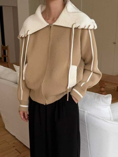 配色縫線滾邊翻領拉鍊針織衫4