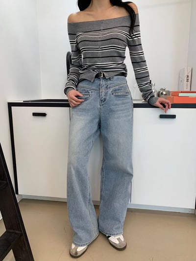 螺紋平領排釦條紋薄針織衣18