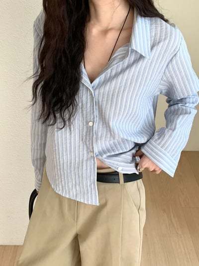 可側釦直紋短版襯衫2