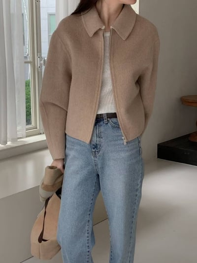 翻領拉鍊短版手工羊毛外套3