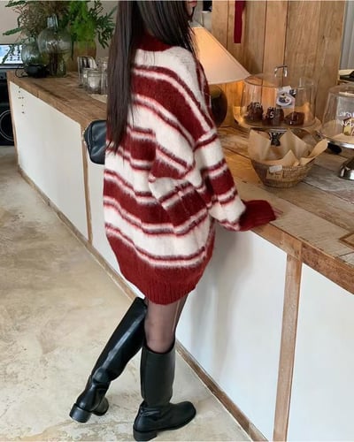 V領毛款橫條紋長版針織衣(羊毛20%)9