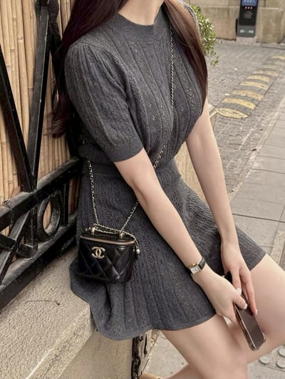 小花鏤空薄針織短袖＋鬆緊短褲裙SET10