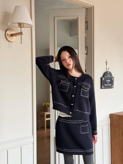 車線銀扣針織上衣+短裙SET4