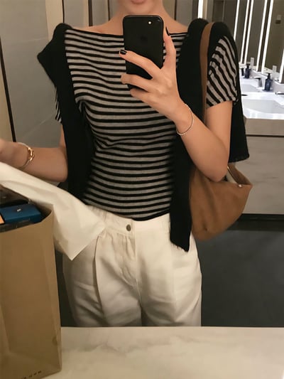 超顯瘦！平領細條紋縮腰棉Ｔ5