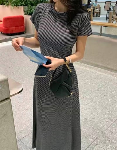 腰間鏤空傘擺條文棉質長洋1