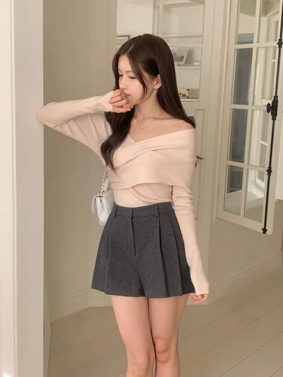 兩穿斜肩紐結包芯紗針織衣2