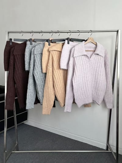 翻領坑紋落肩針織衣＋鬆緊短褲SET7