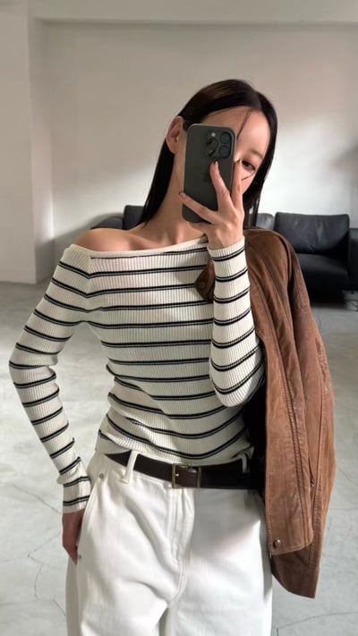 斜肩細坑條橫紋針織衣8