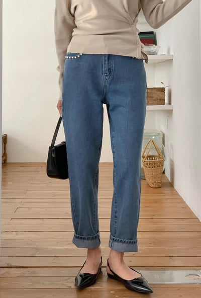 珍珠口袋滾邊直筒牛仔褲3