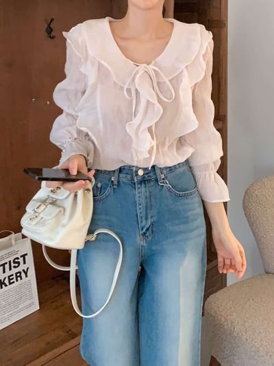 波浪滾邊綁結雪紡衫7