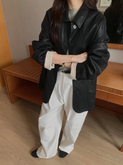 翻領皮革長版外套5