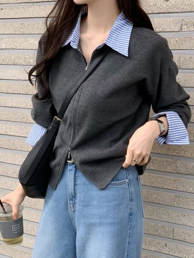 拼接直紋襯領雙拉鍊針織衫3