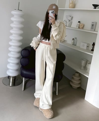 毛毛大翻領設計連帽外套＋鬆緊長褲SET4