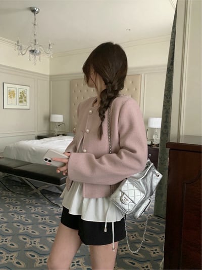 圓領珍珠排釦織紋小香外套8