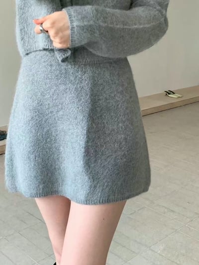 短毛圓領排釦針織衫＋鬆緊Ａ字短裙SET7