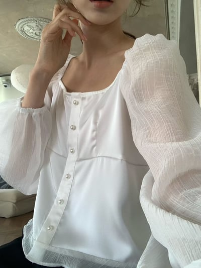 方領拼接透感手袖光澤雪紡衫5