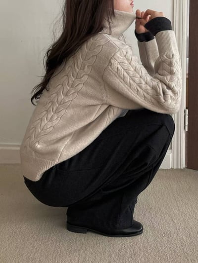 皮革拉鍊翻領麻花針織衣(羊毛30%）6