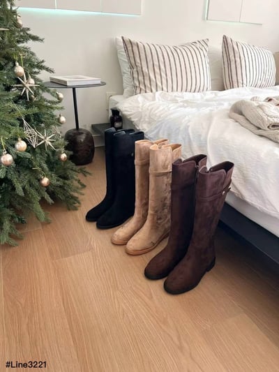 側金釦絨面麂皮低跟長靴(3cm)2