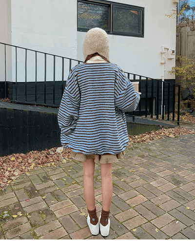 落肩配色橫條紋磨毛開襟外套11