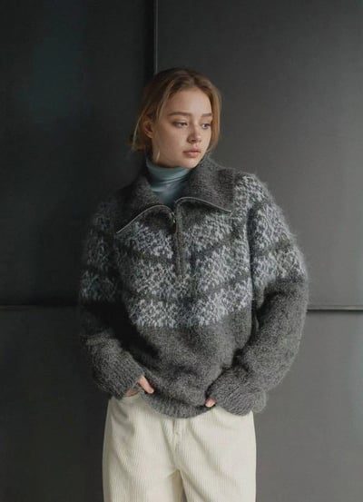 拉鍊領復古圖騰羊毛針織衣（10%)6