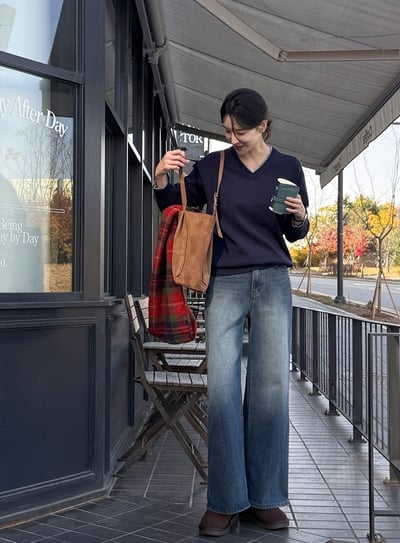 後口袋磨毛滾邊內刷薄毛直筒牛仔褲4