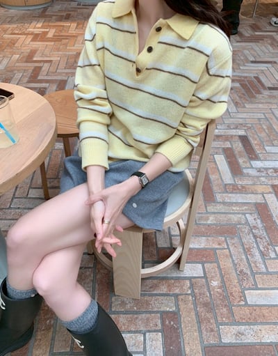 半排扣橫條紋針織上衣5