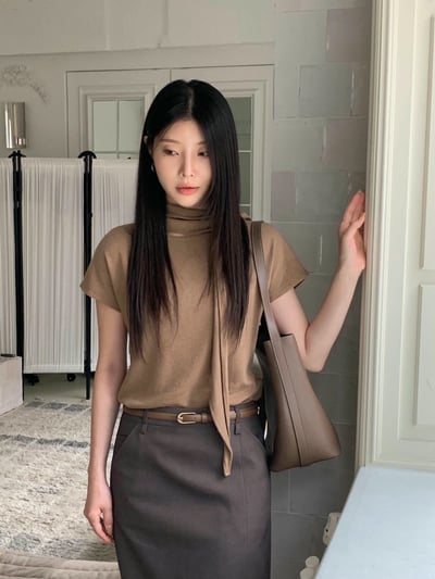 素色短袖薄款羊毛衣（附綁巾）6