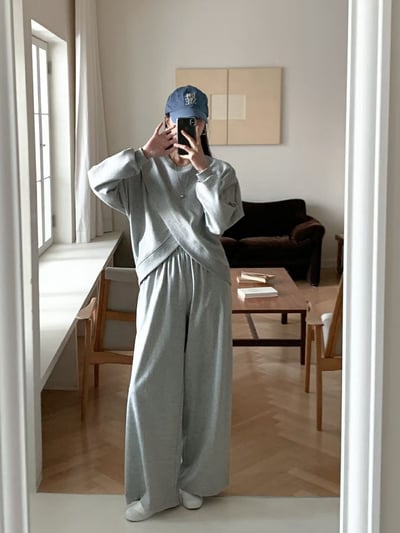 交叉下擺大學Ｔ＋鬆緊棉寬褲SET2