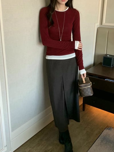 前打褶開衩造型磨毛長裙6