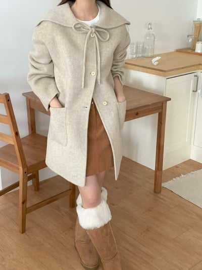 前綁結娃娃圓領羊毛100%大衣6