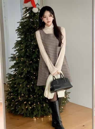 英倫風格紋傘擺磨毛背心短洋3