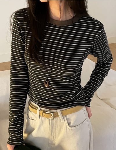 圓領配色條紋合身棉質Ｔ5