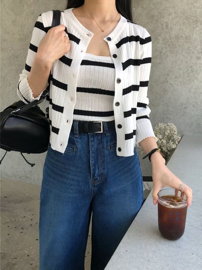 薄款橫條針織背心＋排釦坑紋外套SET2