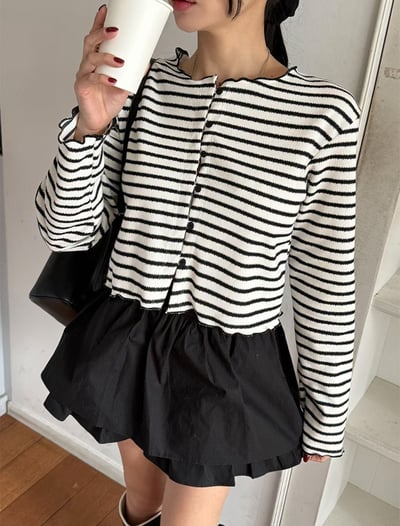 橫條紋排釦捲邊短版針織小外套2