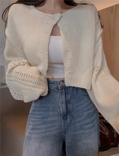 單釦落肩寬袖短版針織罩衫8