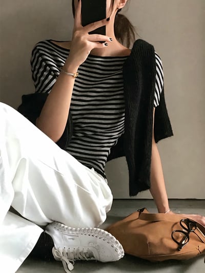 超顯瘦！平領細條紋縮腰棉Ｔ1