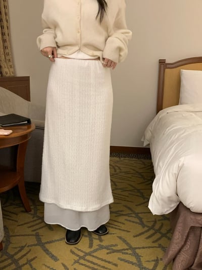 鬆緊腰圍毛毛拼接雪紡長裙1