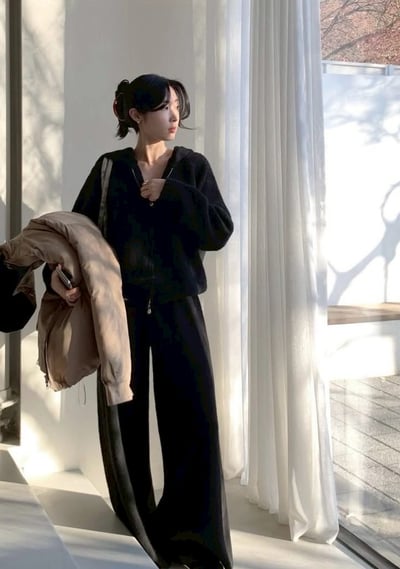 雙向拉鍊針織連帽外套+長褲SET13