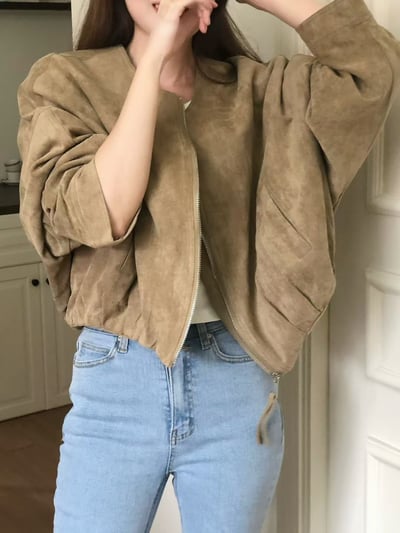 落肩圓領薄款麂皮拉鍊夾克6