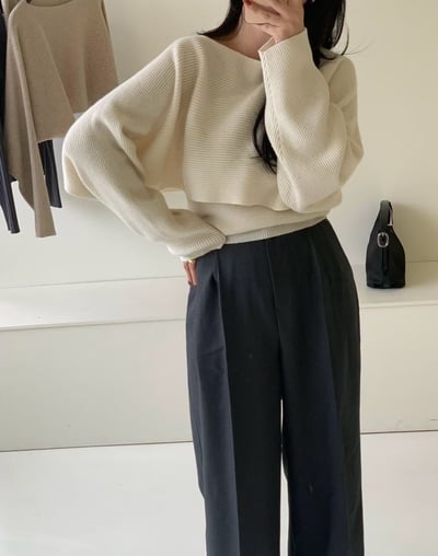 平口背心＋船領坑紋短版針織衫SET4