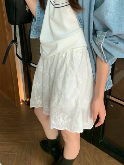 花邊刺繡鬆緊棉麻短褲裙6